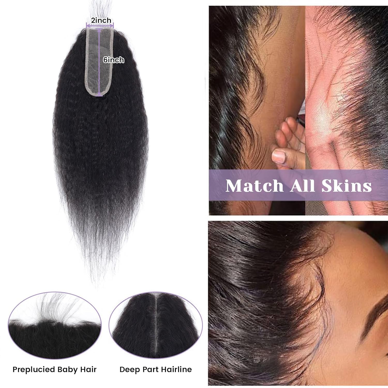 Brazilian Kinky Straight Virgin Human Hair 2x6 HD Lace Human Hair Closure
