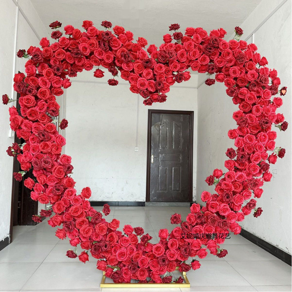 Pink/Red/White/Blue Artificial Rose Flower Arrangement Decorative Heart Shaped Wedding Arch Backdrop Marriage Proposal Outdoor Party Event Decoration (Dark Red & Red Flowers with Arch)