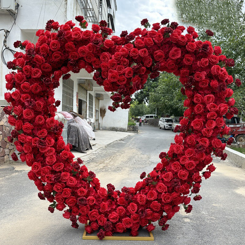 Pink/Red/White Fuller Thicker Artificial Rose Flower Arrangement Decorative Heart Shaped Wedding Arch Backdrop Marriage Proposal Outdoor Party Event Decoration (Dark Red & Red Flowers with Arch)
