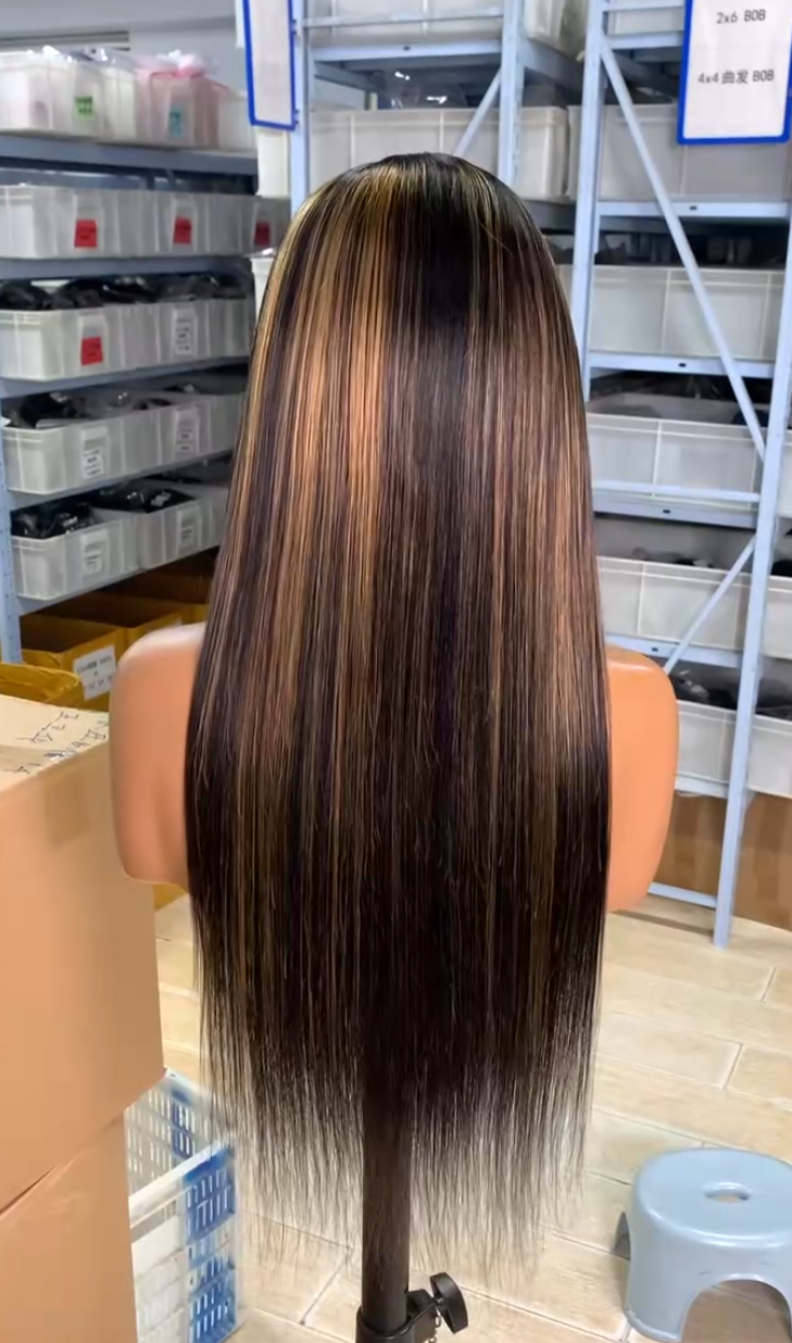P4/27 Highlight Straight Human Hair Wig, Brown Honey Blonde Streaks 13x4 Lace Frontal Wig For Black Women Real Warehouse Stock
