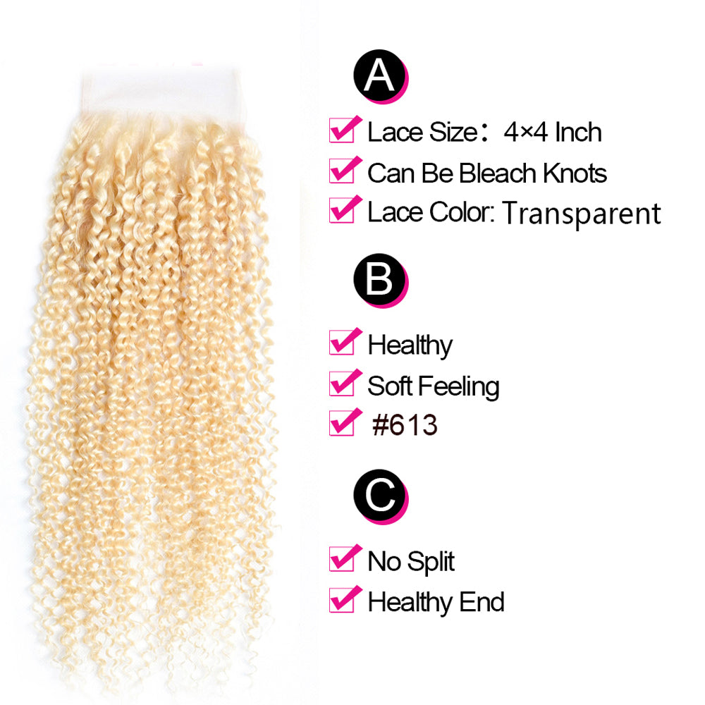 613 Blonde Kinky Curly 4x4 Lace Closure Human Hair, Transparent Lace Closure Virgin Hair For Black Women