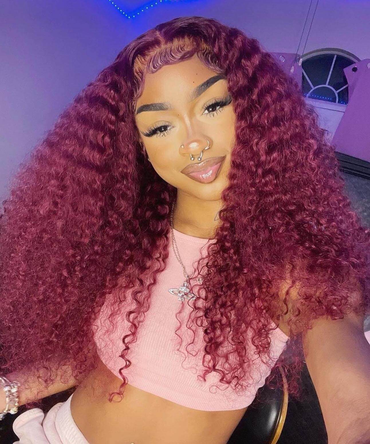 #99J Burgundy Color Kinky Curly Human Hair 4x4 Lace Closure Wig