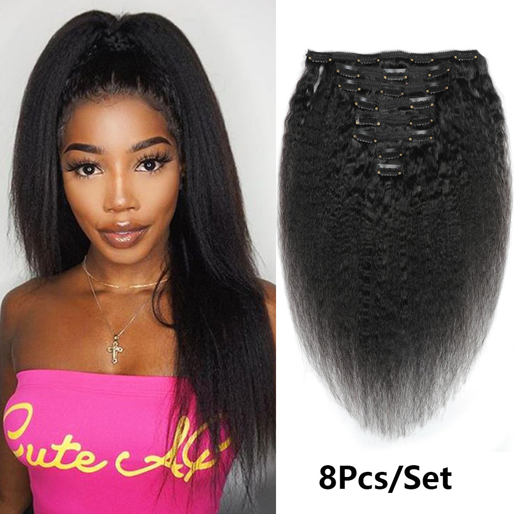 Brazilian Kinky Straight Human Hair Clip In Hair Extensions 8Pcs/Set