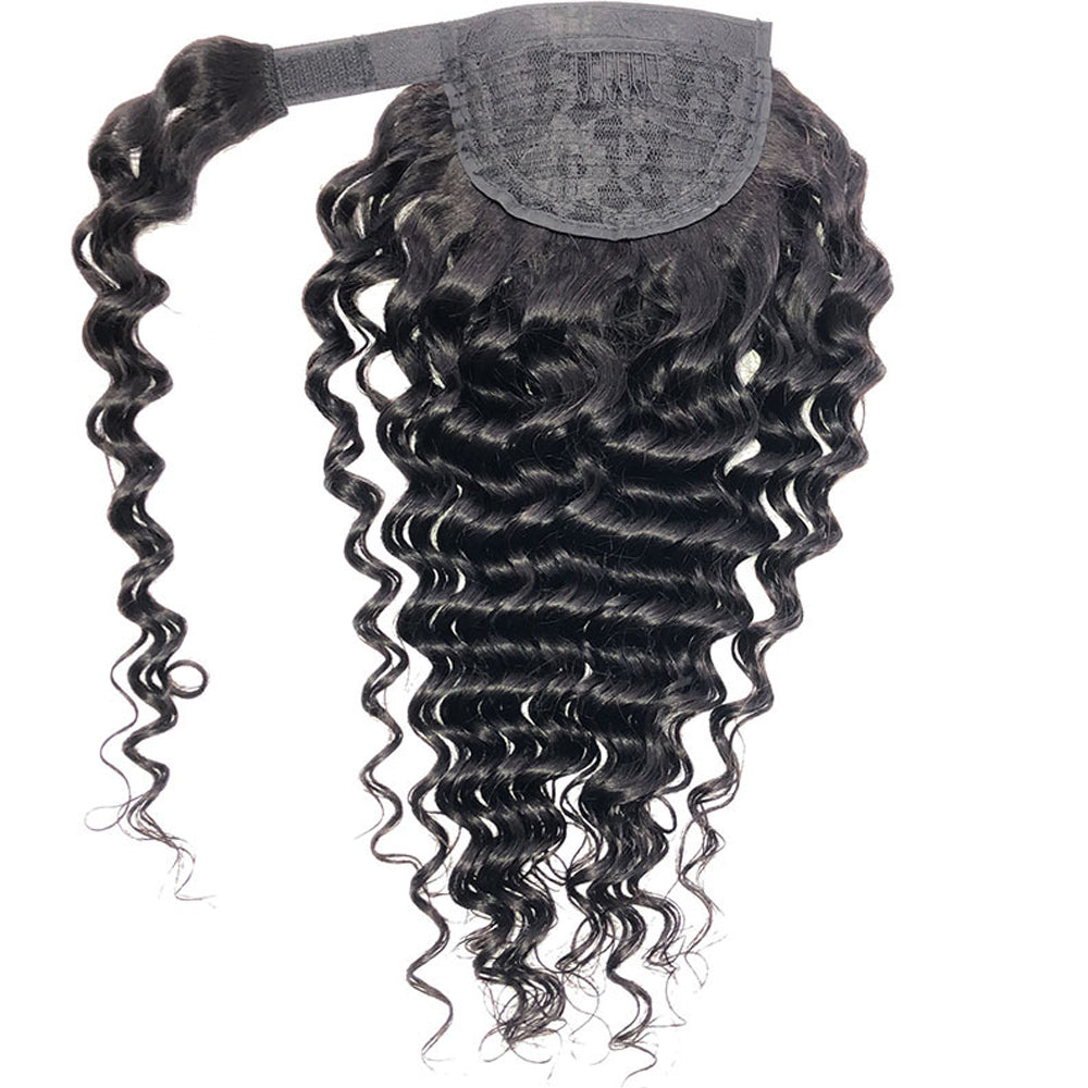 Deep Wave Human Hair Wrap Ponytail Extensions, Natural Black Invisible Tape Ponytail