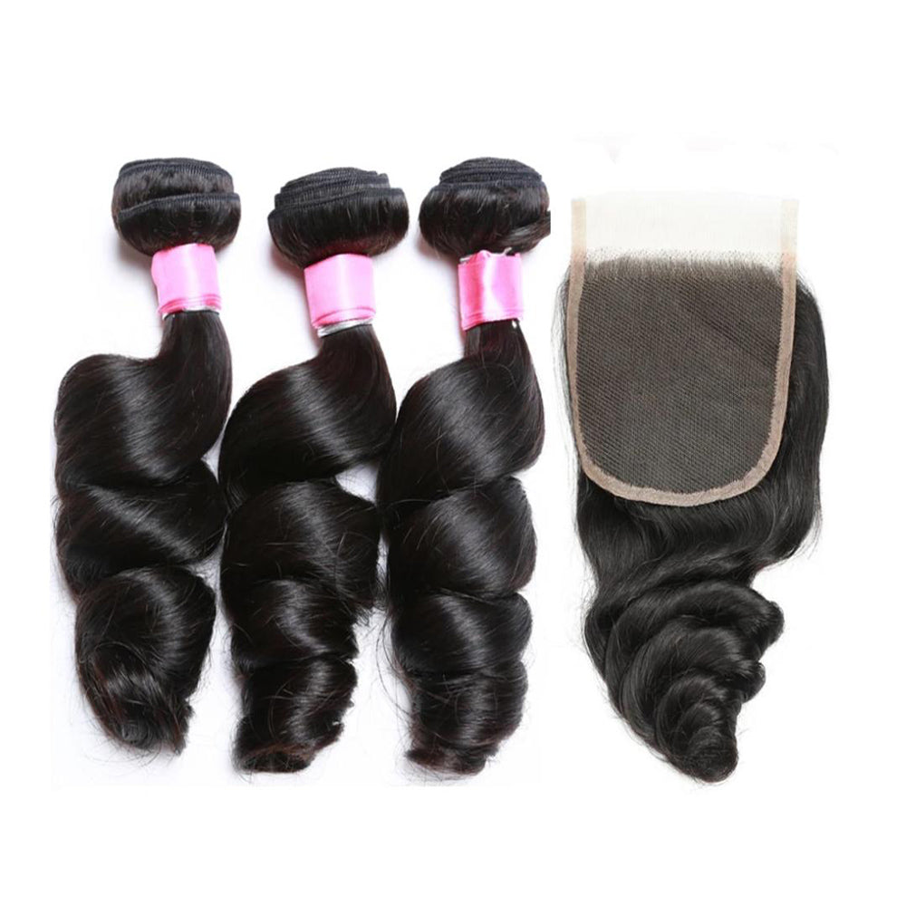 Loose Wave Human Hair 3 Bundles with 4x4 Lace Closure