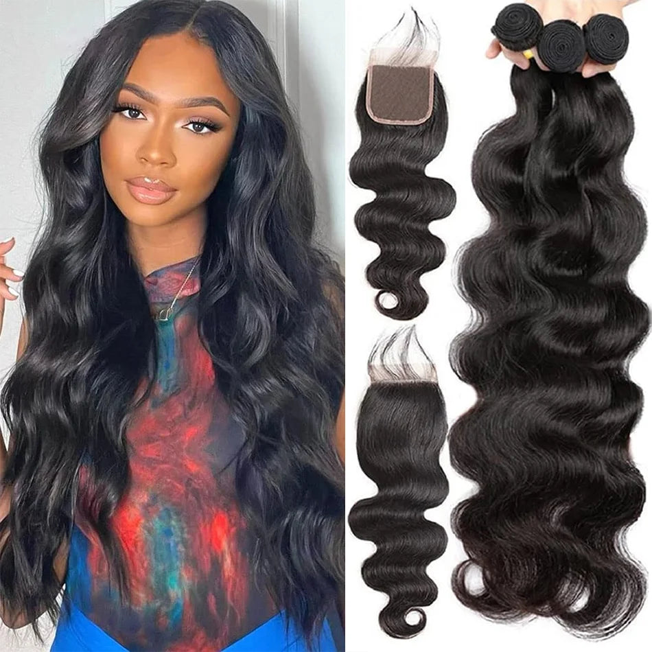 Body Wave Human Hair 3 Bundles with 4x4 Lace Closure