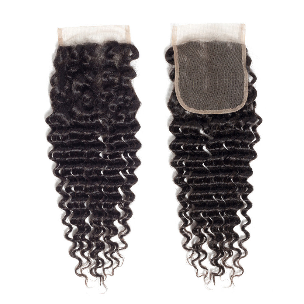 Natural Black Deep Wave 4x4 Lace Closure Human Hair, Transparent Multi-Part Lace Closure Virgin Hair For Black Women