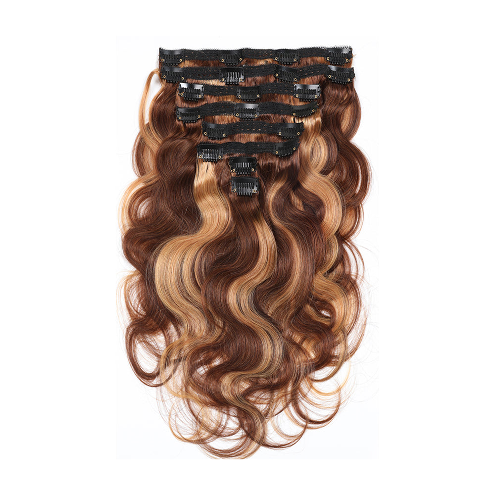 #P4/27 Highlight Body Wave Hair Clips In Human Hair Extensions 8Pcs/Set 120g