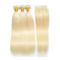 613 Blonde Straight Human Hair 3 Bundles with 4x4 Lace Closure
