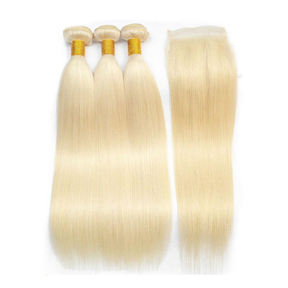 613 Blonde Straight Human Hair 3 Bundles with 4x4 Lace Closure