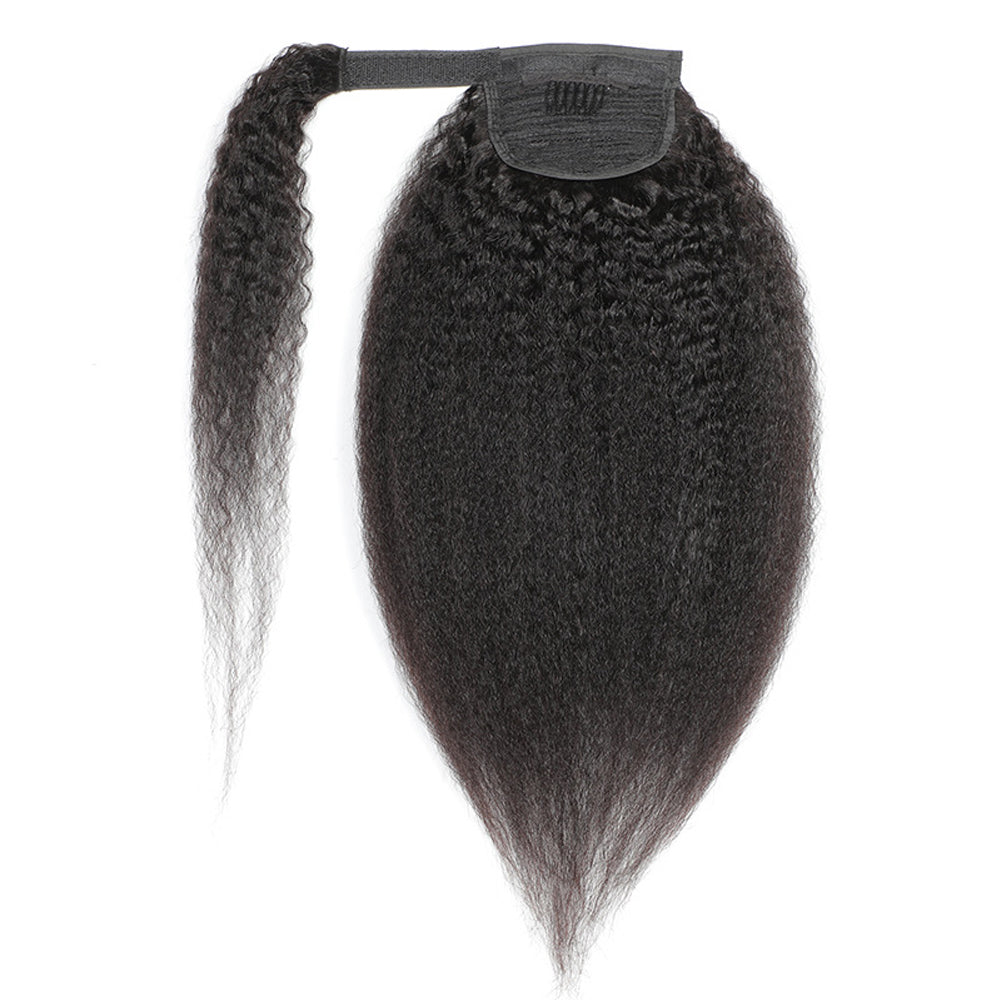 Kinky Straight Human Hair Wrap Ponytail Extensions, Natural Black Invisible Tape Ponytail