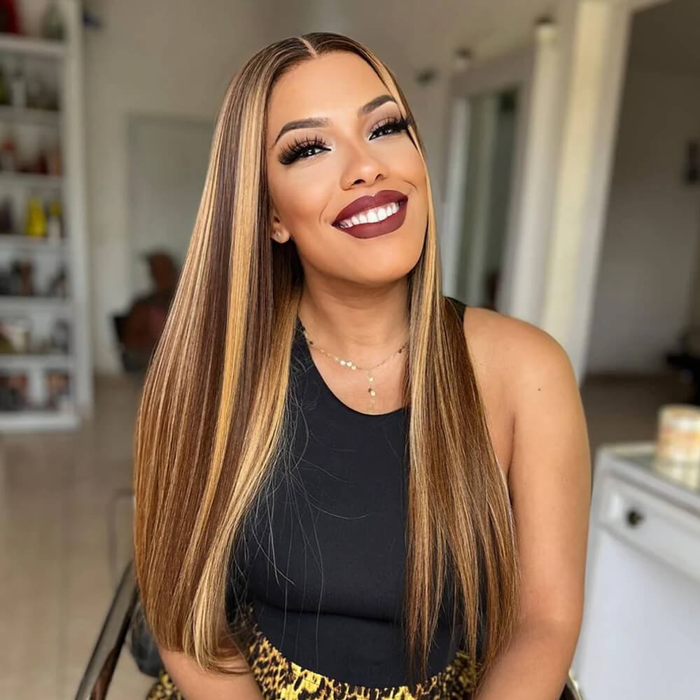 P4/27 Highlight Brazilian Silky Straight Human Hair 13x4 Transparent Lace Frontal Wigs with Baby Hair