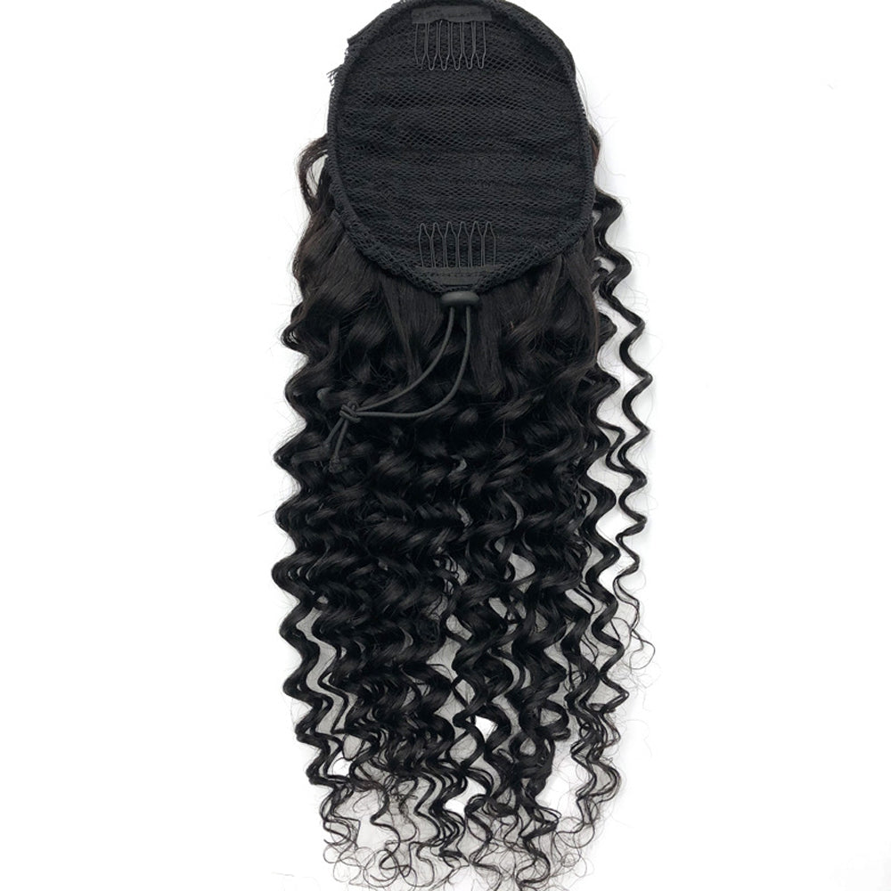 Jet Black Deep Wave Drawstring Ponytail Human Hair Extensions, Breathable Mesh Net Ponytail Hair Piece for African American Women