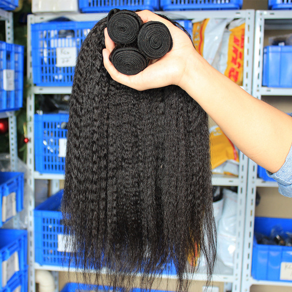 Kinky Straight Wave Human Hair 3 Bundles with 4x4 Lace Closure