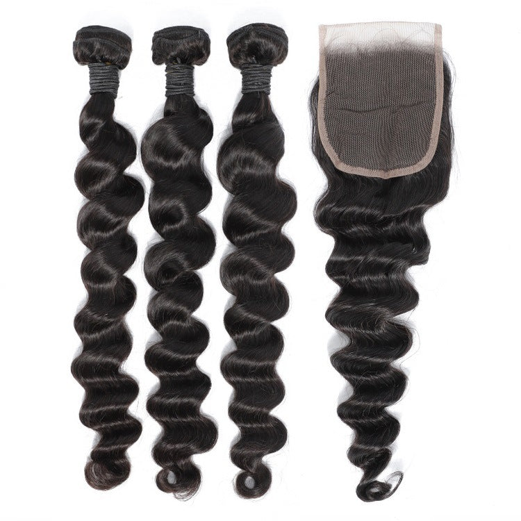 Loose Deep Human Hair 3 Bundles with 4x4 Lace Closure
