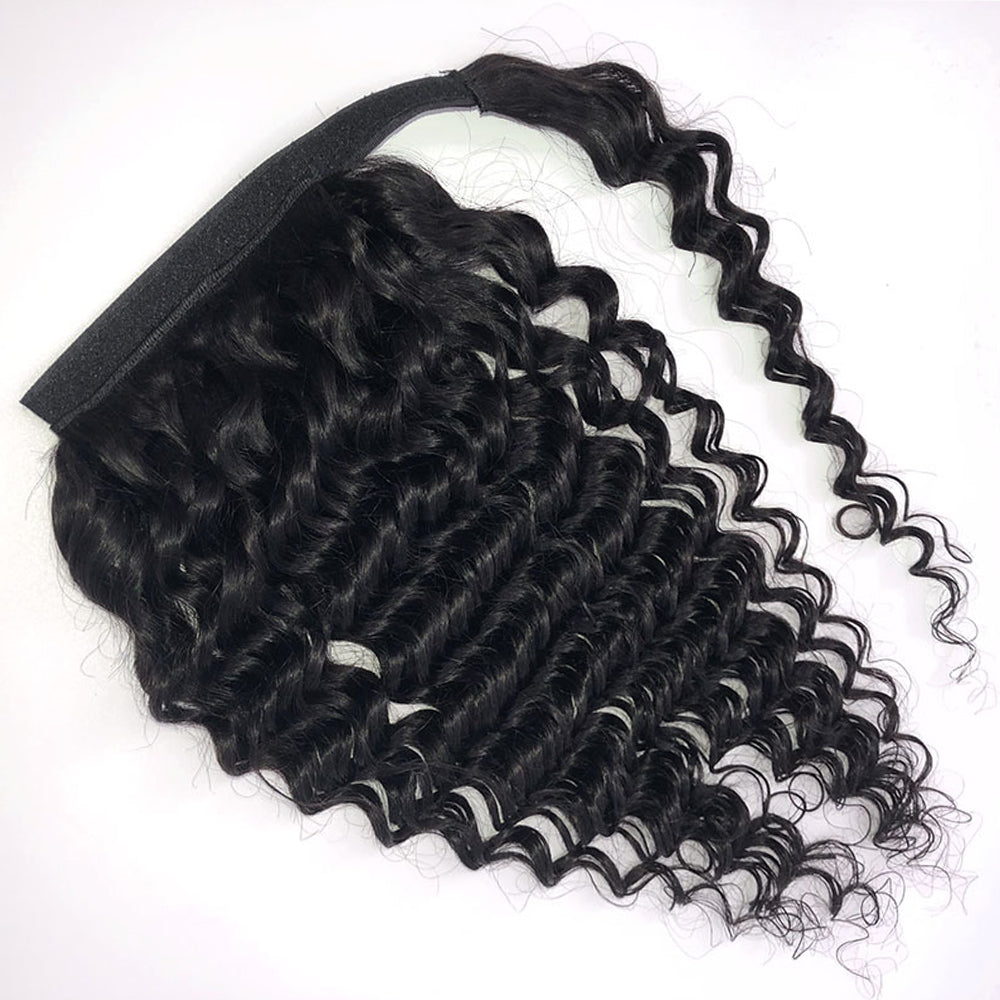 Deep Wave Human Hair Wrap Ponytail Extensions, Natural Black Invisible Tape Ponytail
