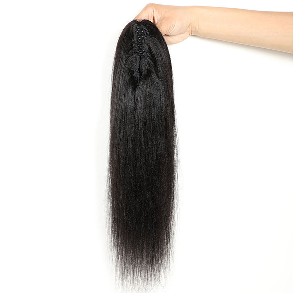 Yaki Straight Human Hair Claw Clip Ponytail, Natural Black Long Ponytail Extensions for Daily Use