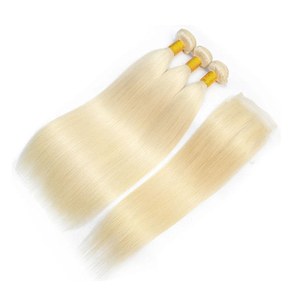 613 Blonde Straight Human Hair 3 Bundles with 4x4 Lace Closure