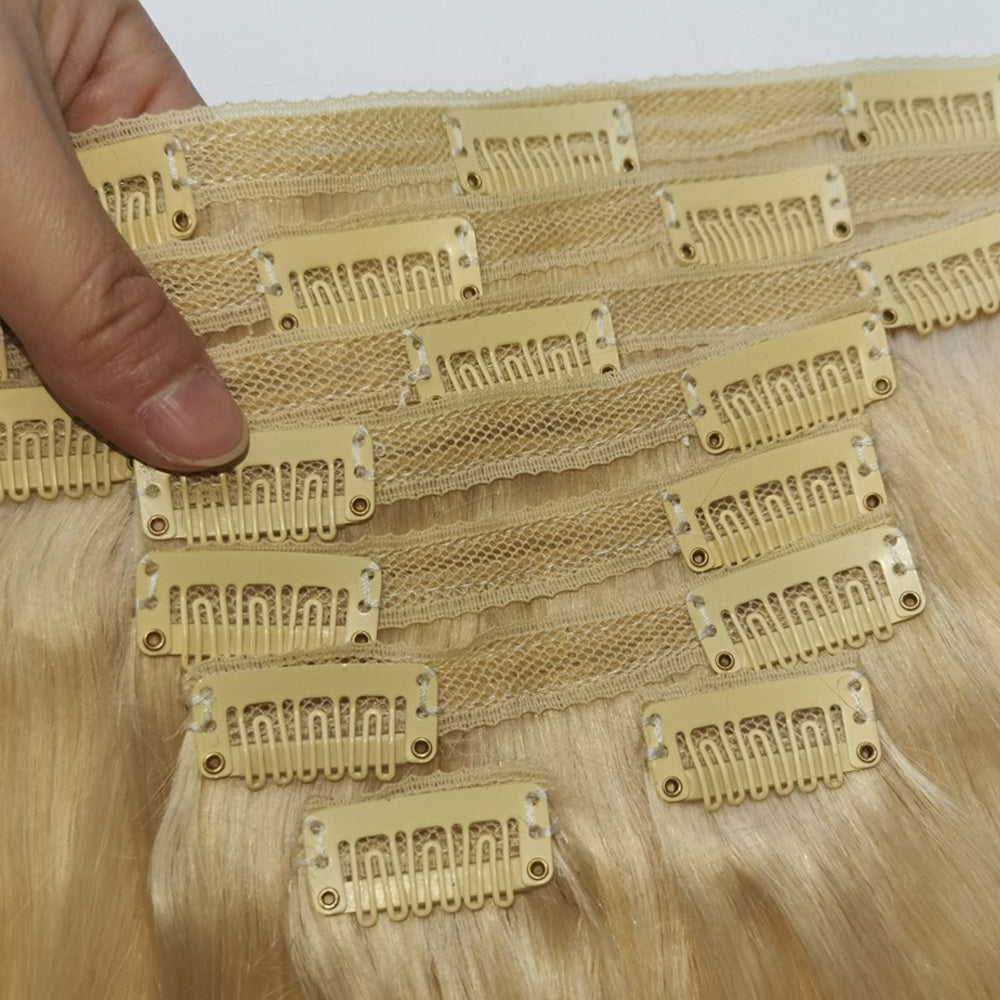 #613 Blonde Straight Clips In Human Hair Extensions 8Pcs/Set