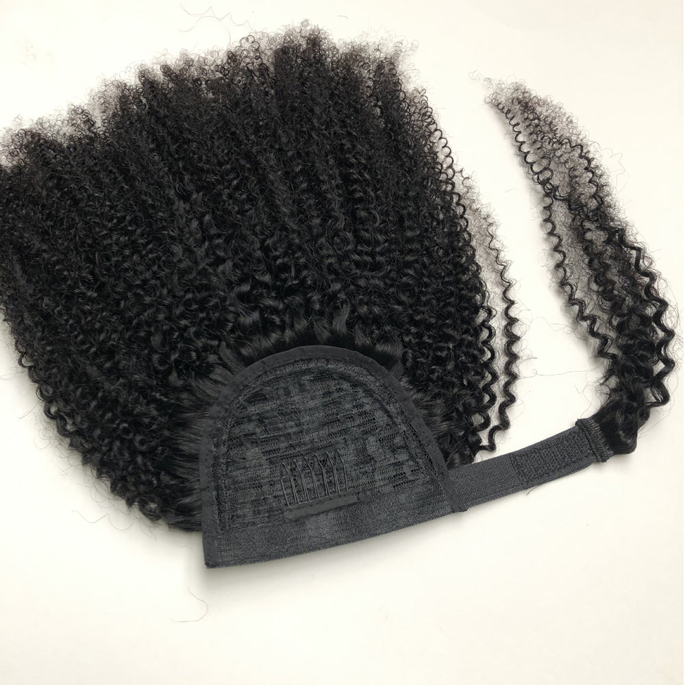 Afro Kinky Curly Human Hair Wrap Ponytail Extensions, Natural Black Invisible Tape Ponytail