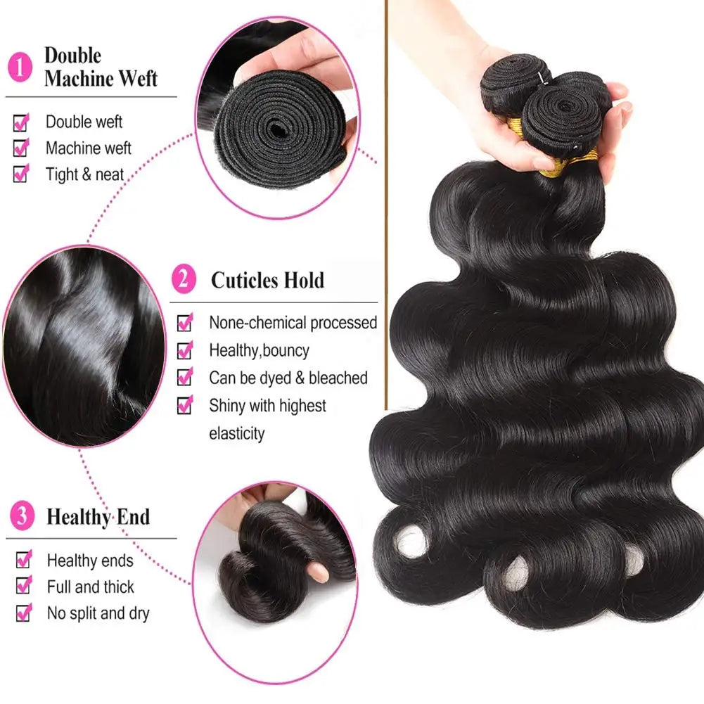 Body Wave Human Hair 3 Bundles with 4x4 Lace Closure