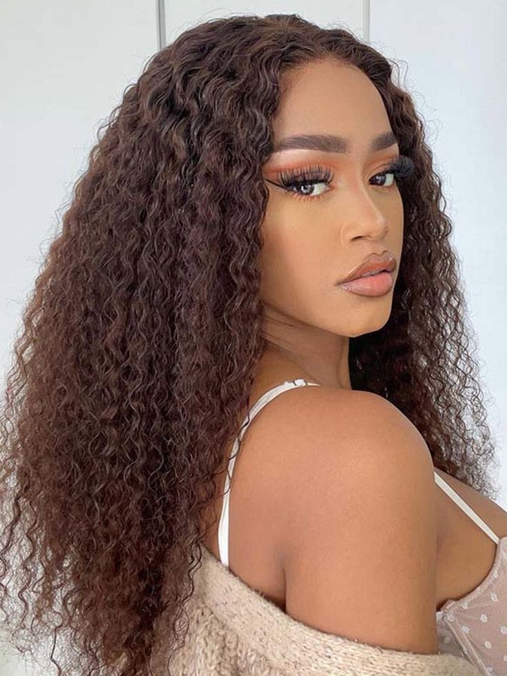 #4 Brown Color Kinky Curly Human Hair 4x4 Lace Closure Wig