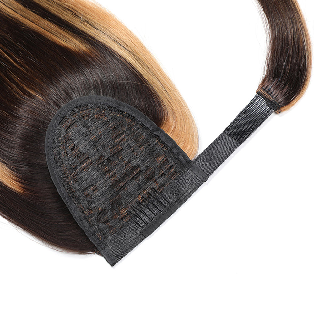 P4/27 Highlight Straight Wrap Around Ponytail Human Hair Extensions, Invisible Magic Tape Ponytail Hair Piece for Black Women