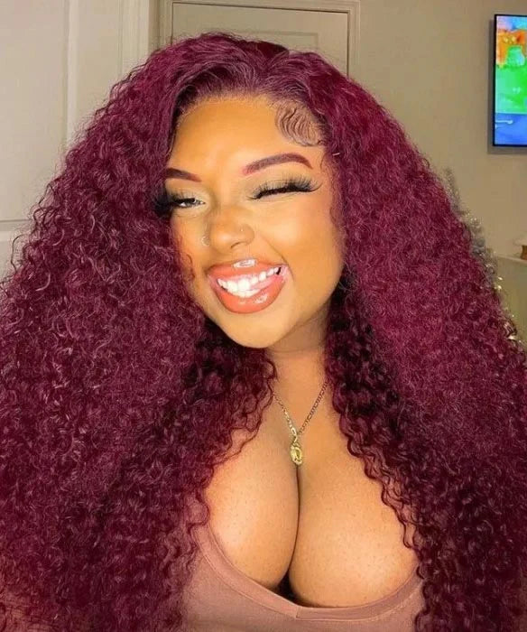 #99J Burgundy Color Kinky Curly Human Hair 4x4 Lace Closure Wig