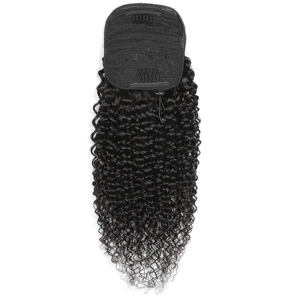 Jet Black Kinky Curly Drawstring Ponytail Human Hair Extensions, Breathable Mesh Net Ponytail Hair Piece for African American Women