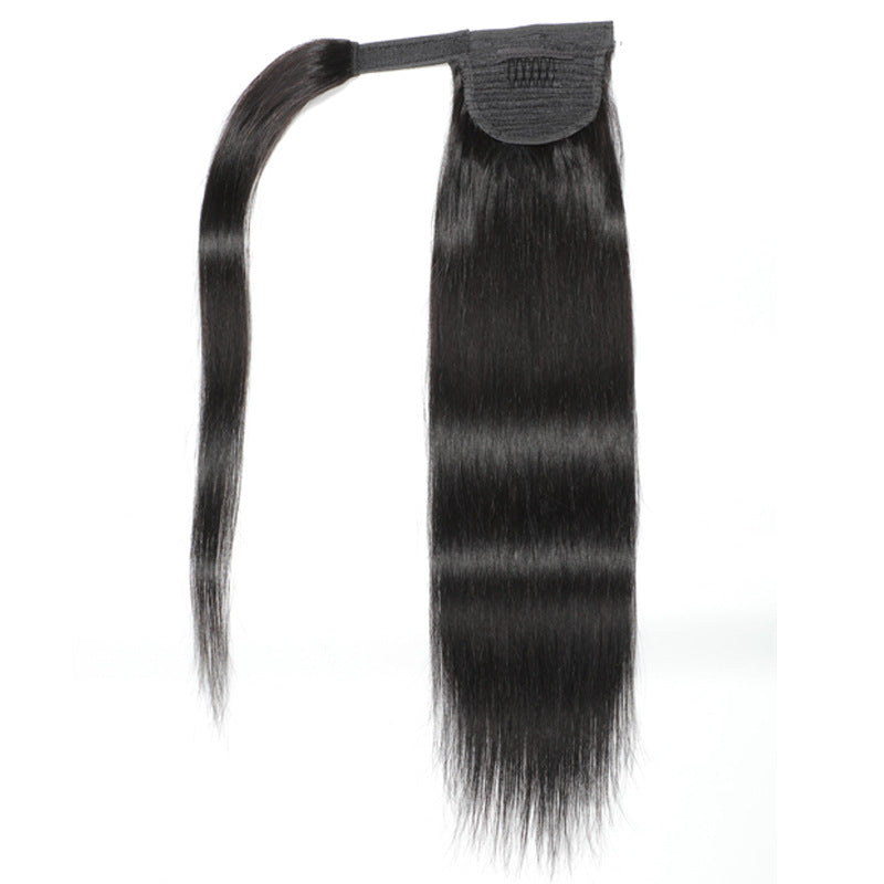 Straight Human Hair Wrap Ponytail Extensions, Natural Black Invisible Tape Ponytail