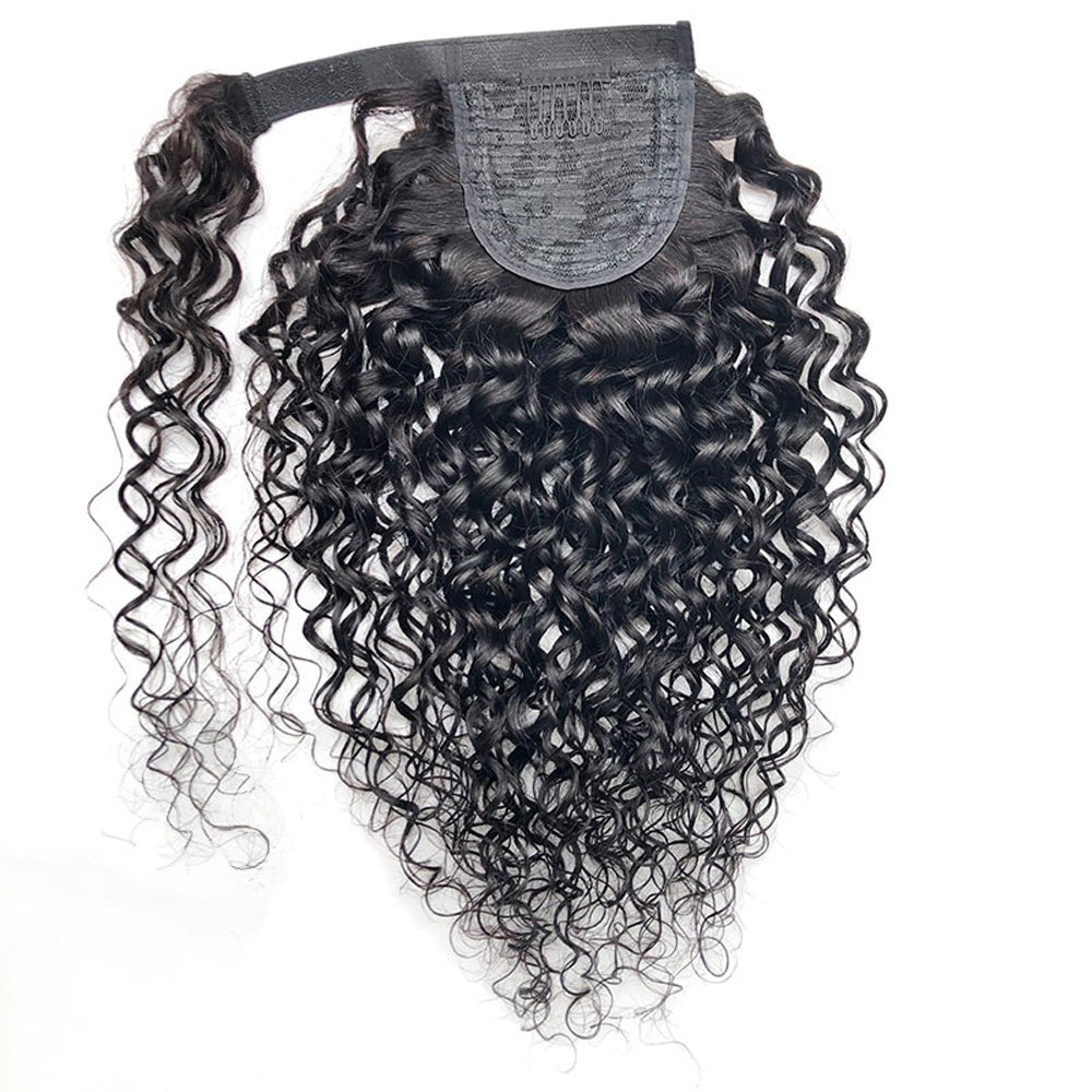 Water Wave Human Hair Wrap Ponytail Extensions, Natural Black Invisible Tape Ponytail