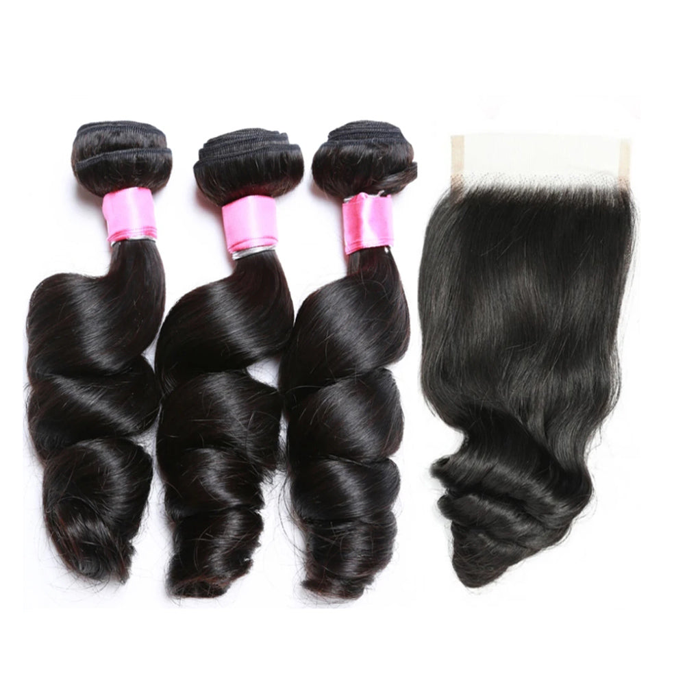 Loose Wave Human Hair 3 Bundles with 4x4 Lace Closure