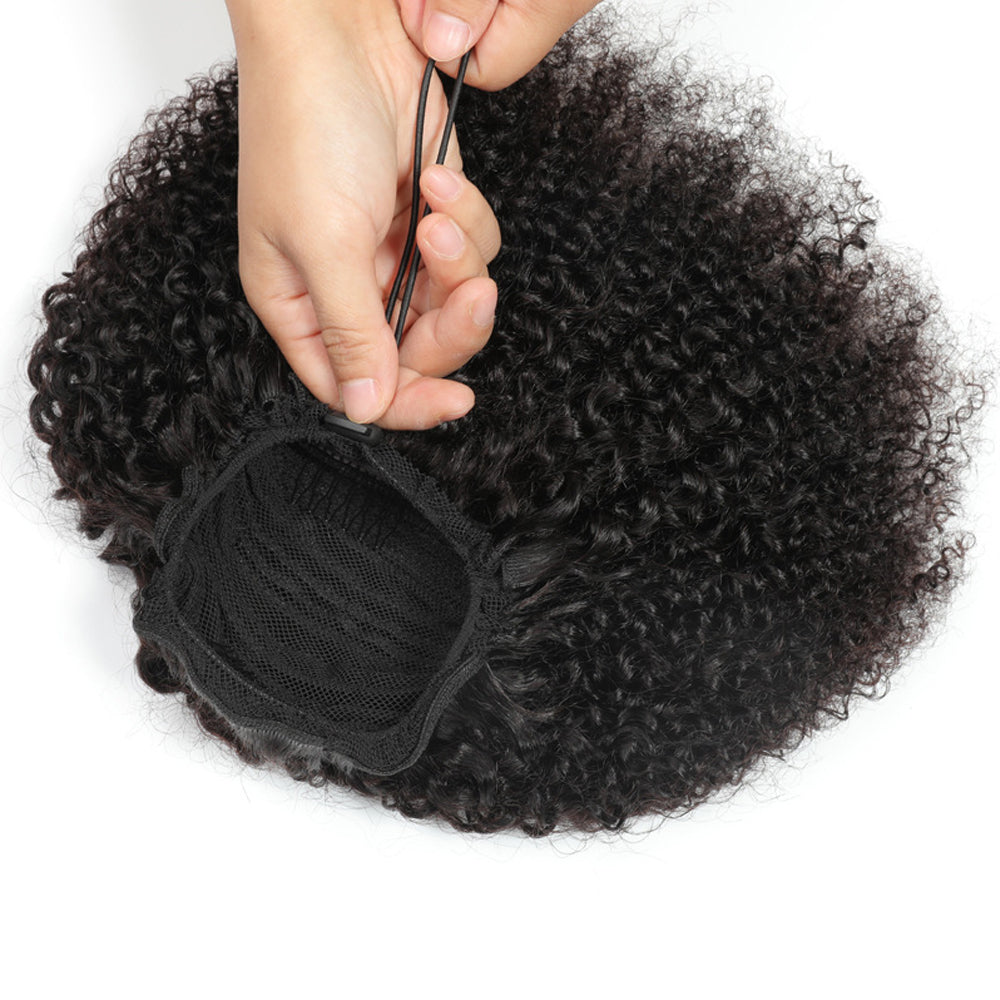 Jet Black Afro Kinky Curly Drawstring Ponytail Human Hair Extensions, Breathable Mesh Net Ponytail Hair Piece for African American Women