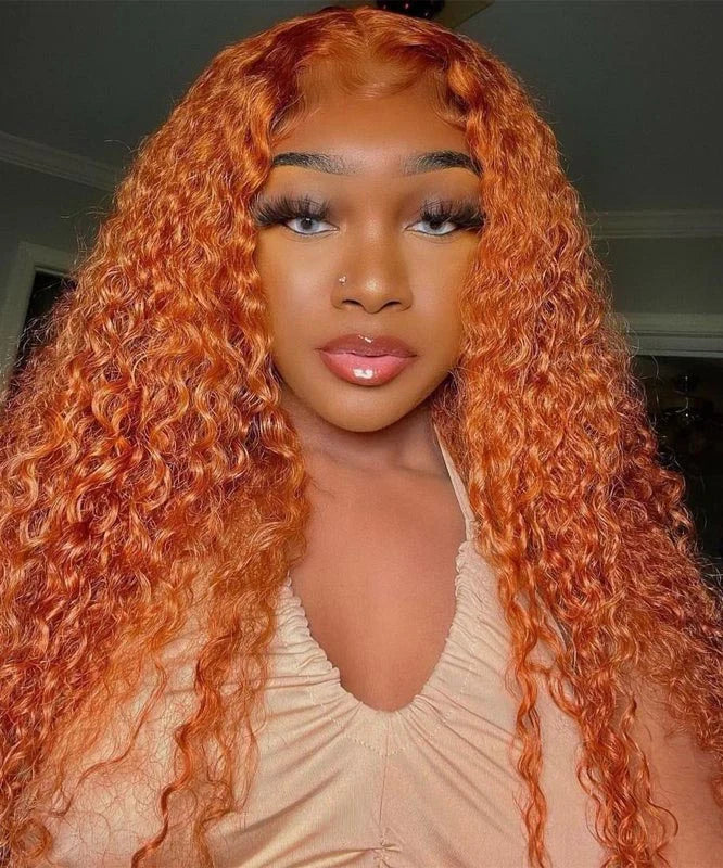 #350 Ginger Orange Color Water Wave Human Hair 4x4 Lace Closure Wig