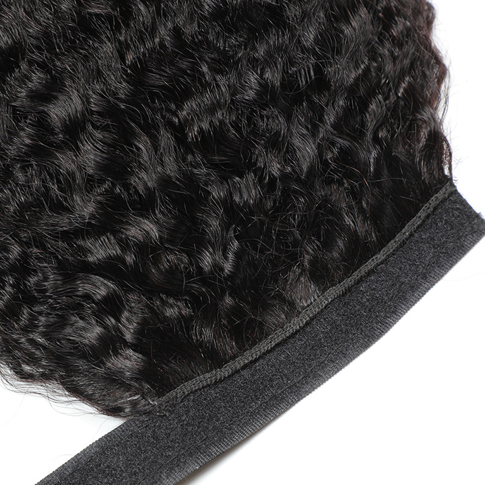 Kinky Straight Human Hair Wrap Ponytail Extensions, Natural Black Invisible Tape Ponytail
