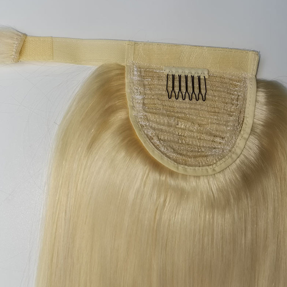 613 Blonde Straight Wrap Around Ponytail Human Hair Extensions, Invisible Magic Tape Ponytail Hair Piece for Black Women
