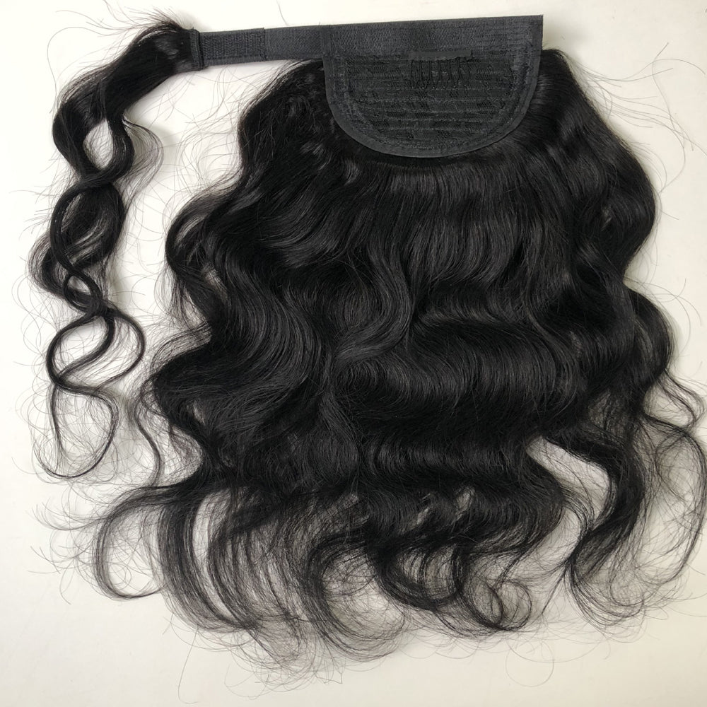 Body Wave Human Hair Wrap Ponytail Extensions, Natural Black Invisible Tape Ponytail