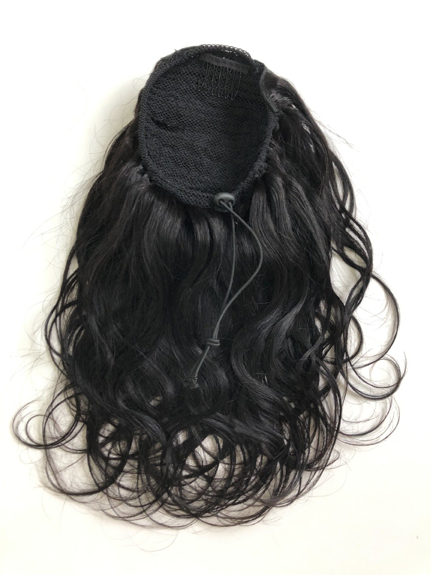 Jet Black Natural Wave Drawstring Ponytail Human Hair Extensions, Breathable Mesh Net Ponytail Hair Piece for African American Women
