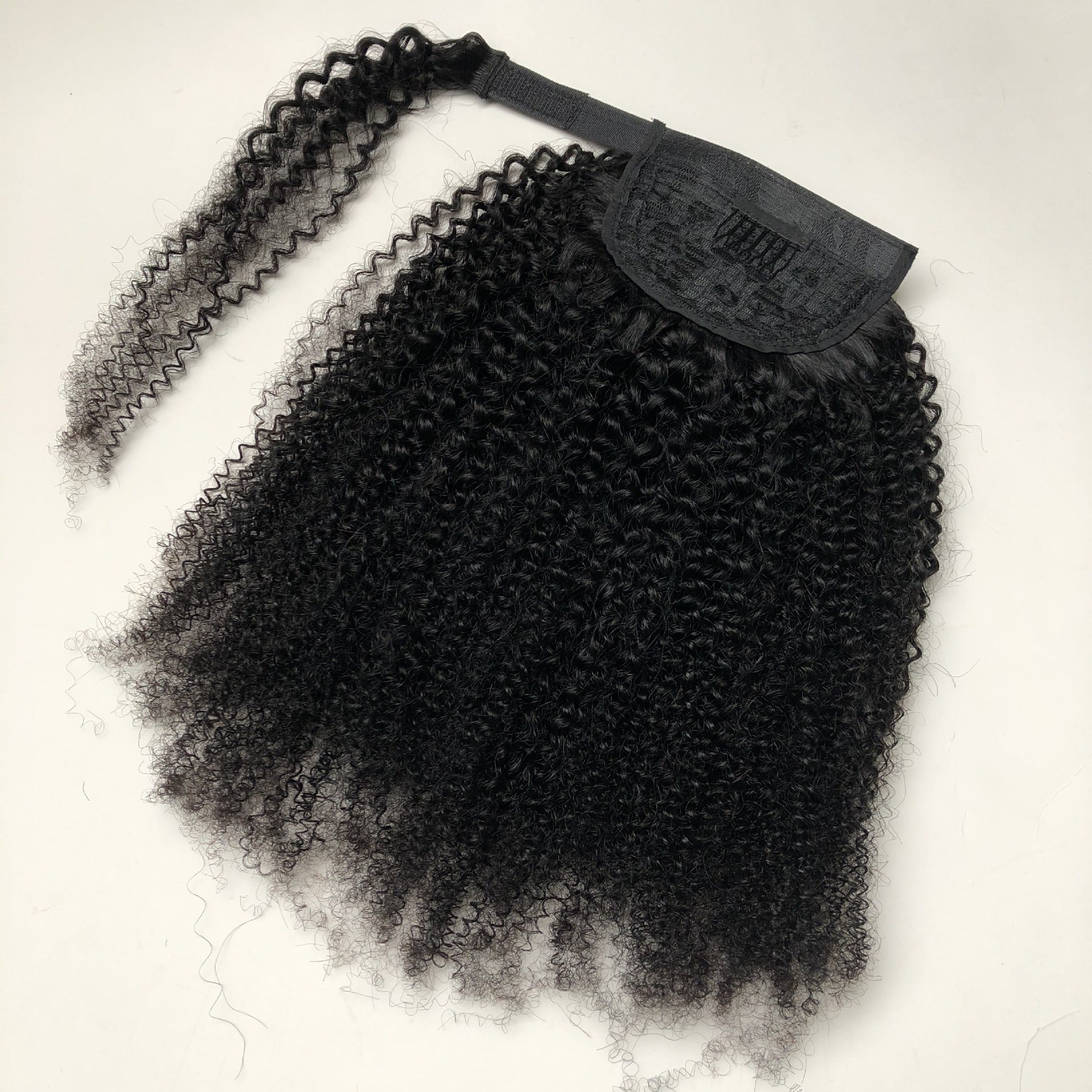 Afro Kinky Curly Human Hair Wrap Ponytail Extensions, Natural Black Invisible Tape Ponytail