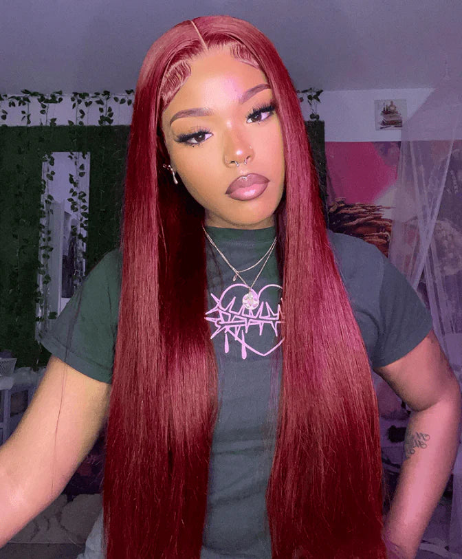 #99J Burgundy Straight Human Hair 4x4 Lace Closure Wig