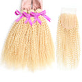 613 Blonde Kinky Curly Human Hair 3 Bundles with 4x4 Lace Closure