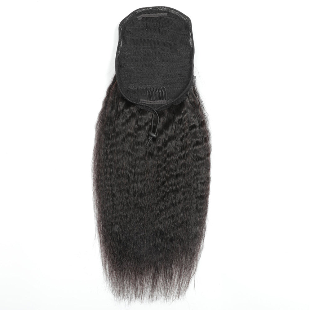 Jet Black Kinky Straight Drawstring Ponytail Human Hair Extensions, Breathable Mesh Net Ponytail Hair Piece for African American Women
