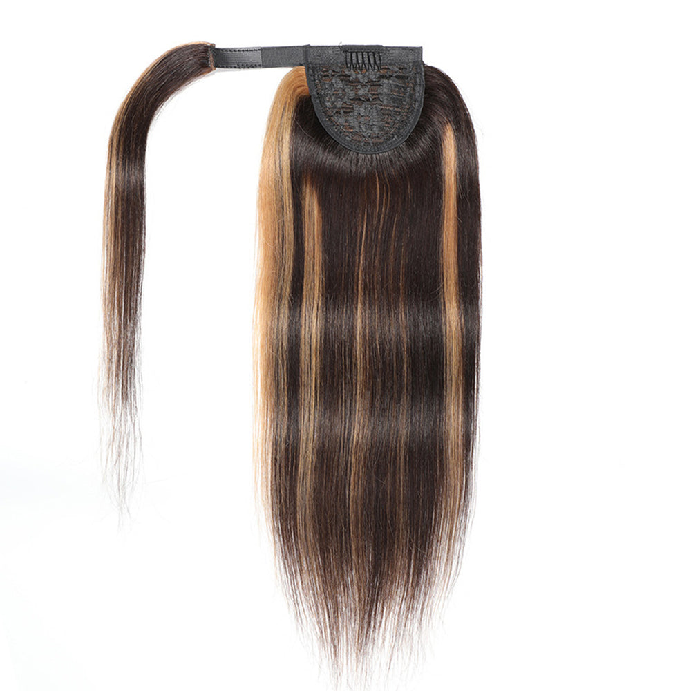 P4/27 Highlight Straight Wrap Around Ponytail Human Hair Extensions, Invisible Magic Tape Ponytail Hair Piece for Black Women