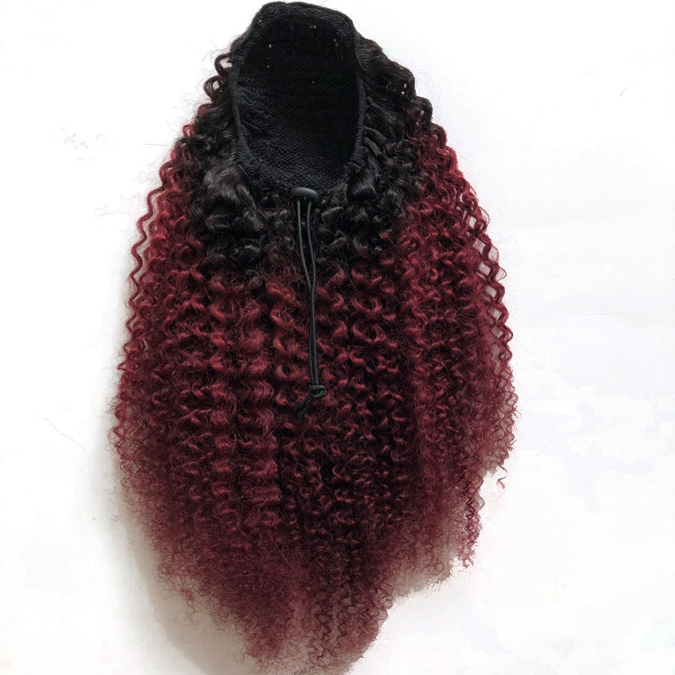 Black Burgundy Deep Curly Drawstring Ponytail Human Hair Extensions, Breathable Mesh Ponytail Hair Piece for Black Women