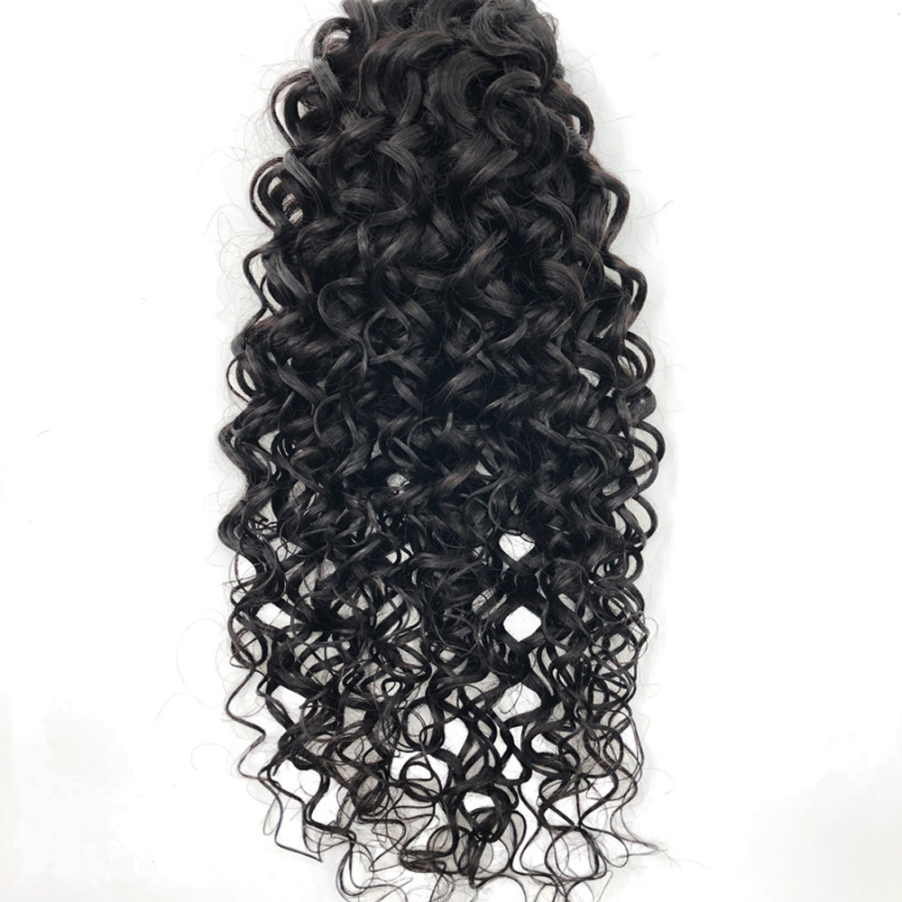 Jet Black Water Wave Drawstring Ponytail Human Hair Extensions, Breathable Mesh Net Ponytail Hair Piece for African American Women