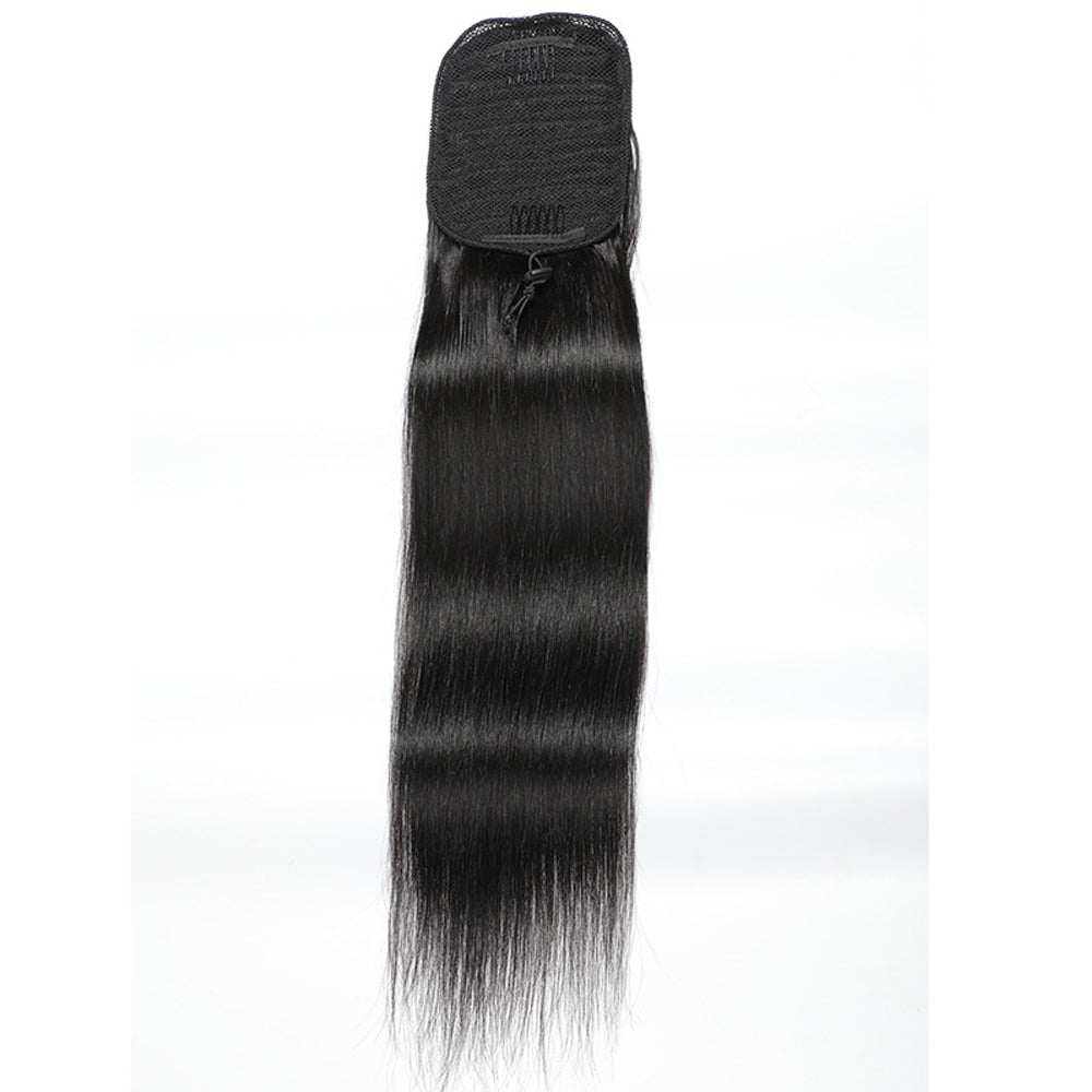 Jet Black Straight Drawstring Ponytail Human Hair Extensions, Breathable Mesh Net Ponytail Hair Piece for African American Women