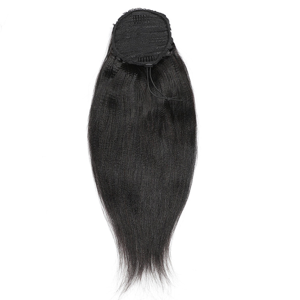 Jet Black Yaki Straight Drawstring Ponytail Human Hair Extensions, Breathable Mesh Net Ponytail Hair Piece for African American Women