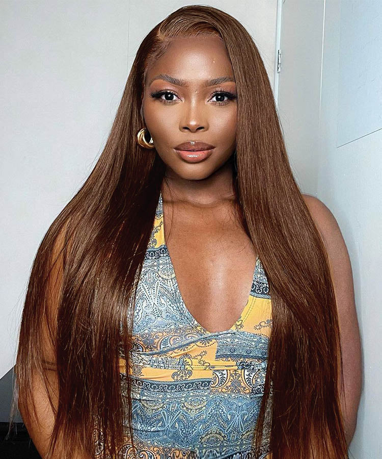 #4 Brown Color Straight Human Hair 4x4 Lace Closure Wig