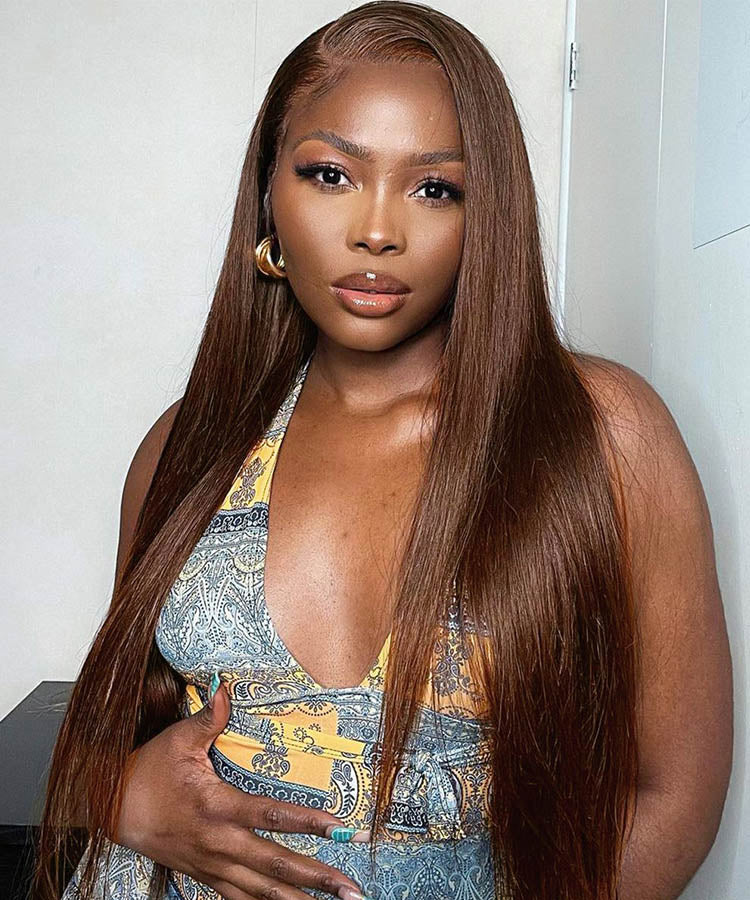 #4 Brown Color Straight Human Hair 4x4 Lace Closure Wig