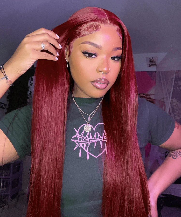#99J Burgundy Straight Human Hair 4x4 Lace Closure Wig